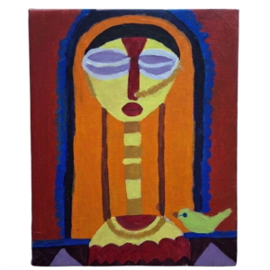 Folk-Inspired Portrait Painting – Vibrant Woman with Companion Bird