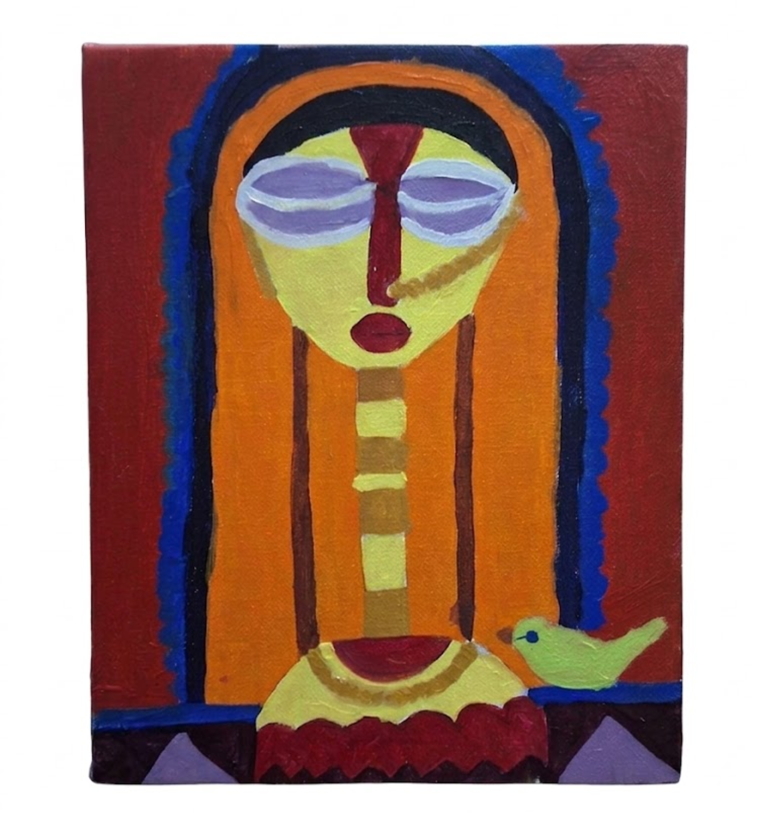 Folk-Inspired Portrait Painting – Vibrant Woman with Companion Bird