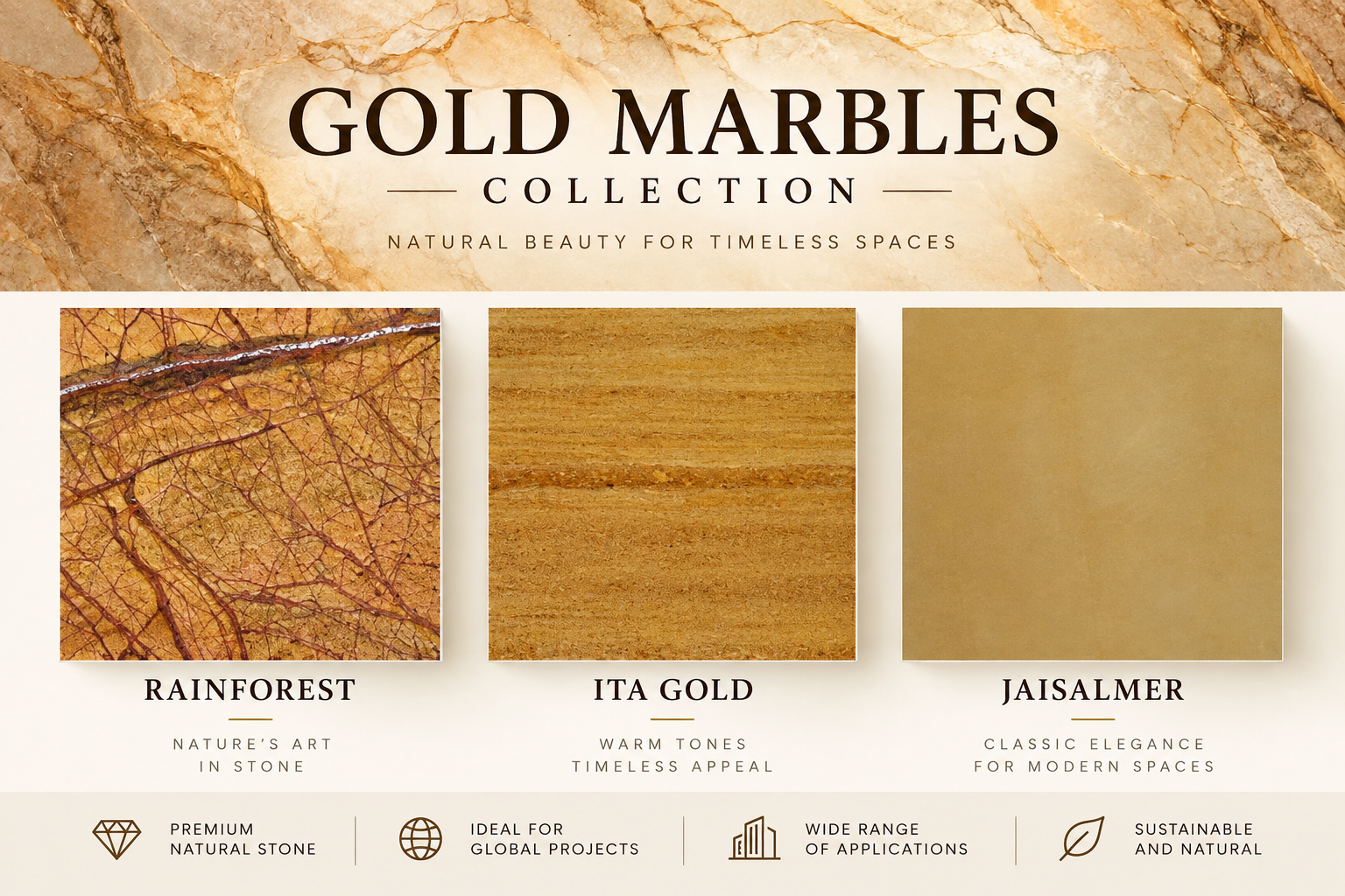 Gold Marbles – Premium Natural Marble Collection | Rainforest, Ita Gold & Jaisalmer