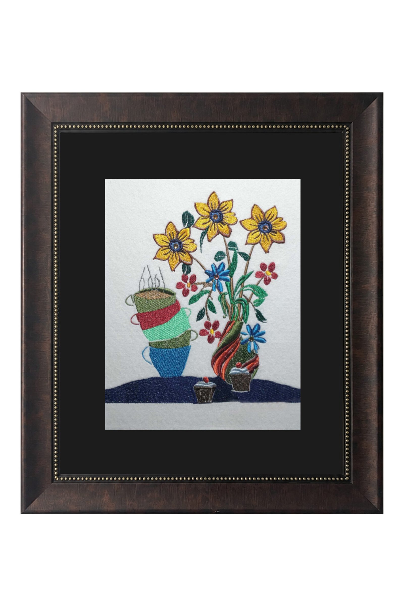 Hand Embroidered Floral Vase Framed Wall Art