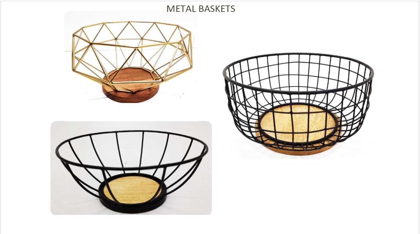 Metal Wire Baskets with Wooden Base