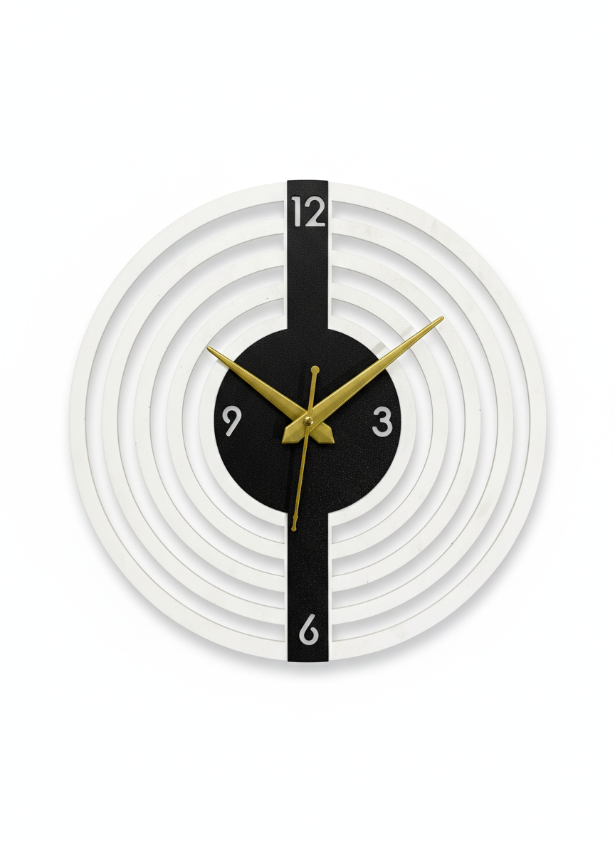 Modern Concentric Ring Wall Clock – Black, White & Gold