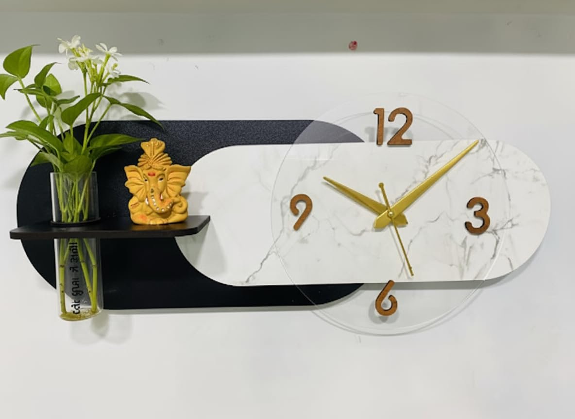 Modern Marble Wall Clock with Floating Shelf
