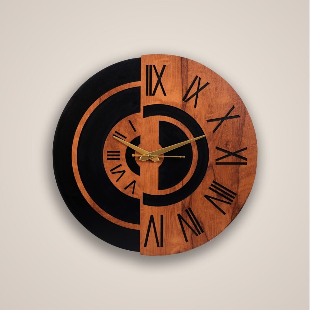 Modern Wooden & Black Roman Numeral Wall Clock