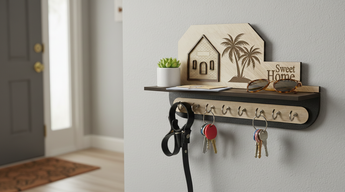 Sweet Home Wooden Wall-Mounted Key Holder with Shelf – 8 Hooks