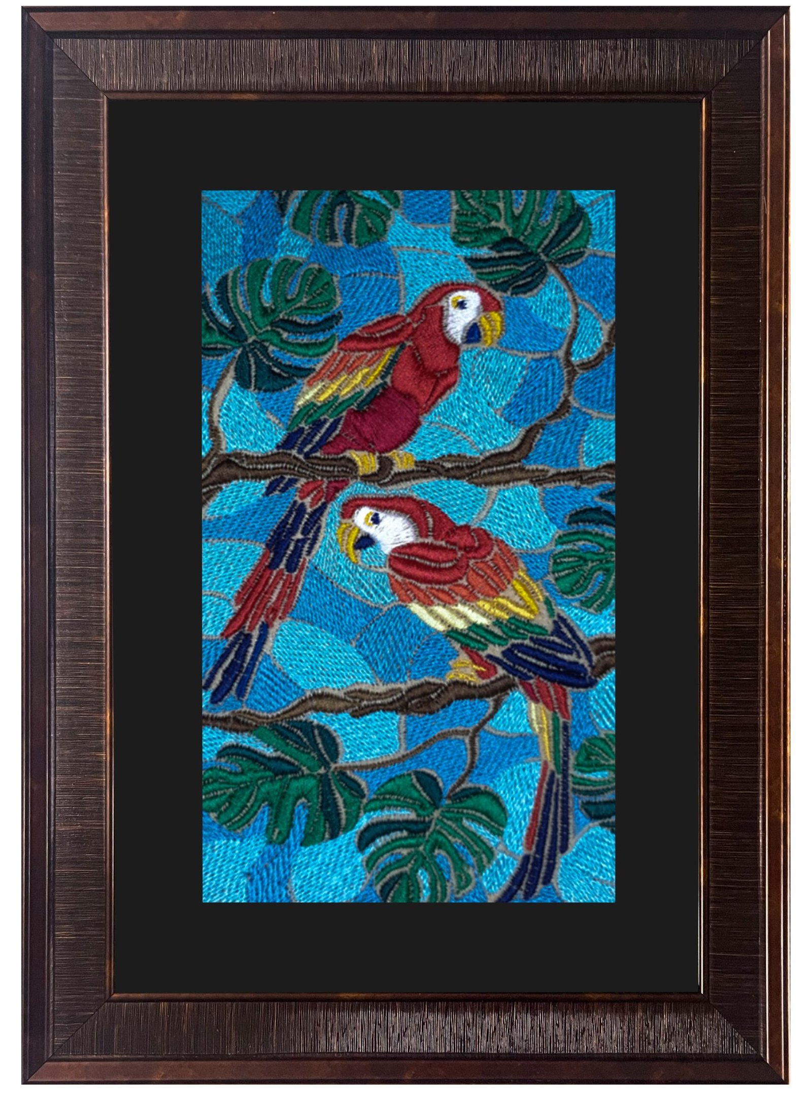 Tropical Macaw Birds Embroidered Textile Wall Art