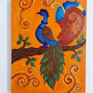 Vibrant Folk-Art Peacock Painting – Handcrafted Decorative Wall Art