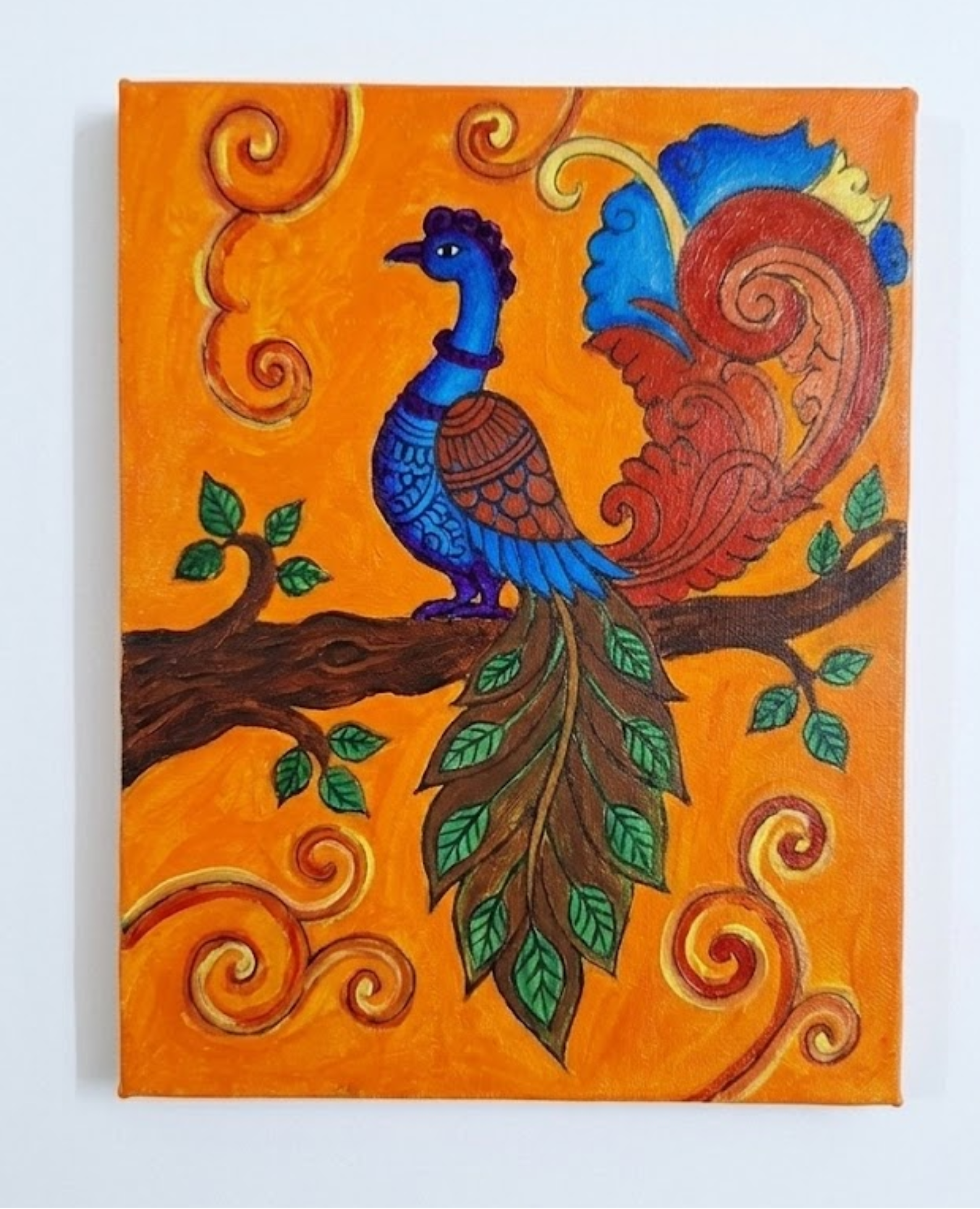 Vibrant Folk-Art Peacock Painting – Handcrafted Decorative Wall Art
