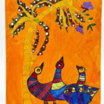 Vibrant Gond-Inspired Folk Art Painting – Birds & Flowering Tree