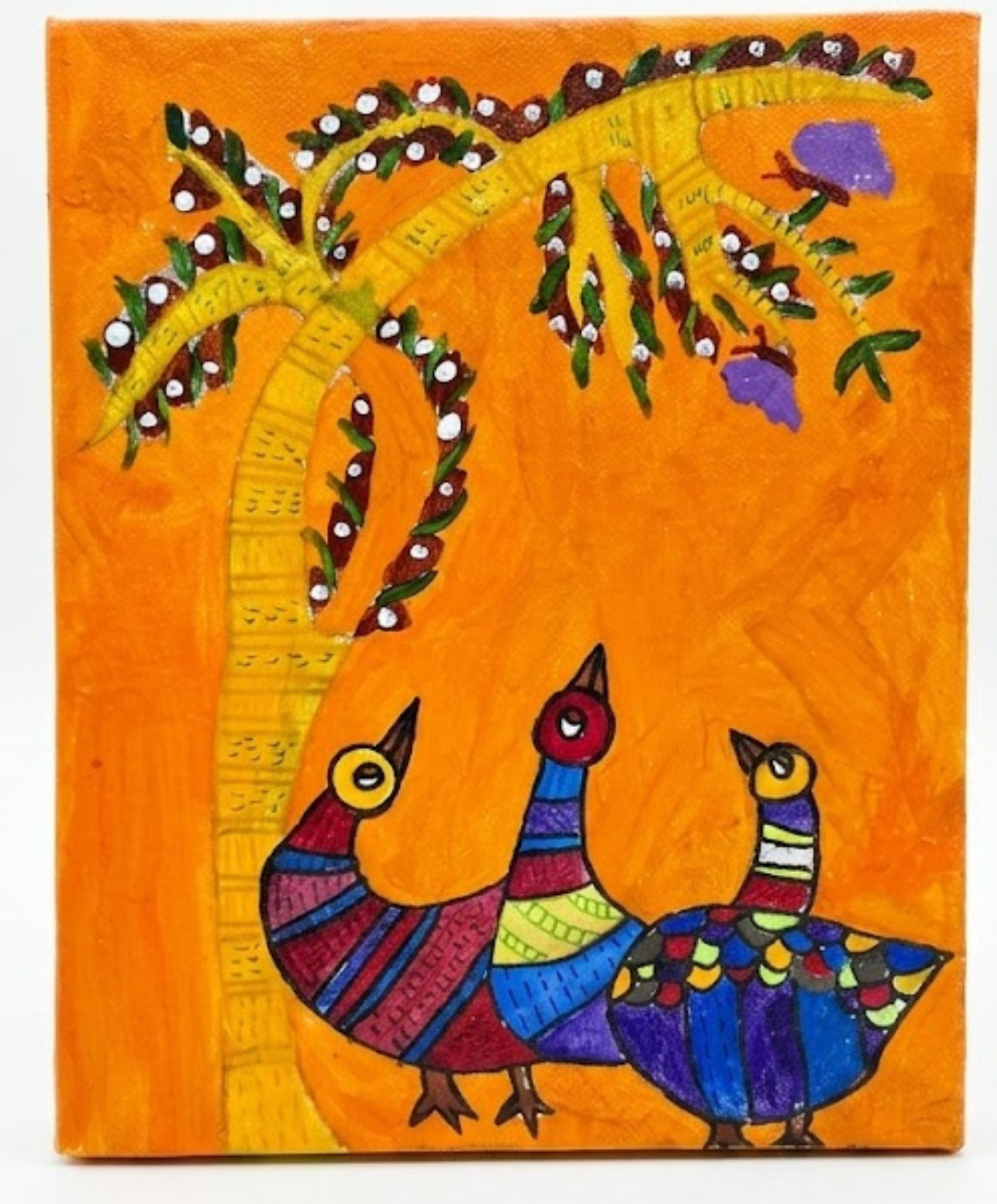 Vibrant Gond-Inspired Folk Art Painting – Birds & Flowering Tree