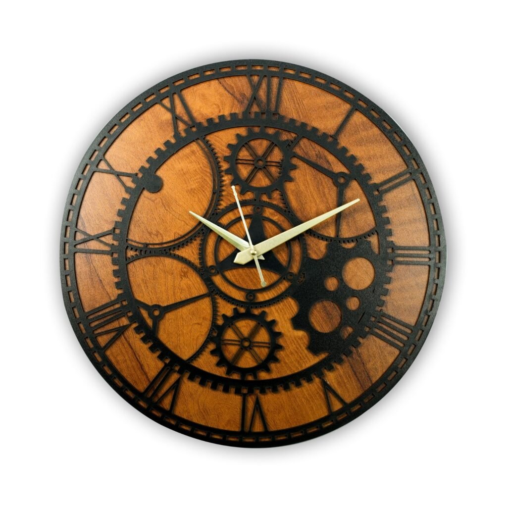 Vintage Industrial Gear Wall Clock – Wooden Finish