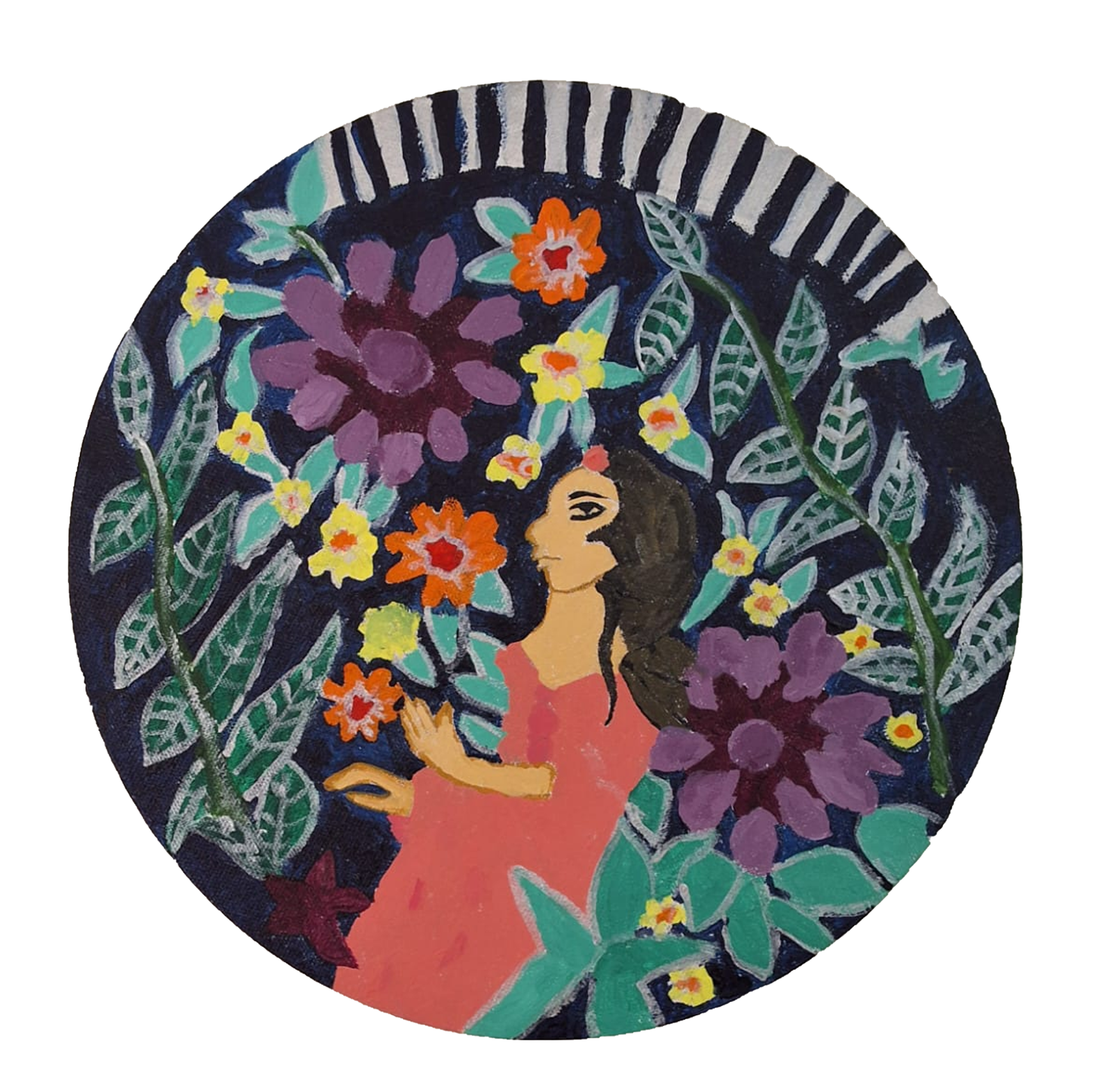 Woman Surrounded by Lush Foliage and Flowers
