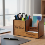 Wooden Desk Organizer with Pen Holder, Mobile Phone Stand & Visiting Card Holder