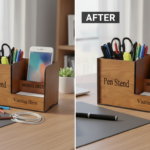 Wooden Desk Organizer with Pen Holder, Mobile Phone Stand & Visiting Card Holder