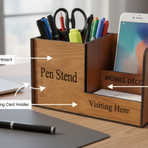 Wooden Desk Organizer with Pen Holder, Mobile Phone Stand & Visiting Card Holder