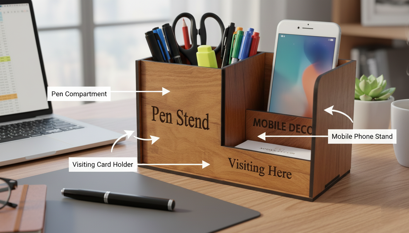 Wooden Desk Organizer with Pen Holder, Mobile Phone Stand & Visiting Card Holder