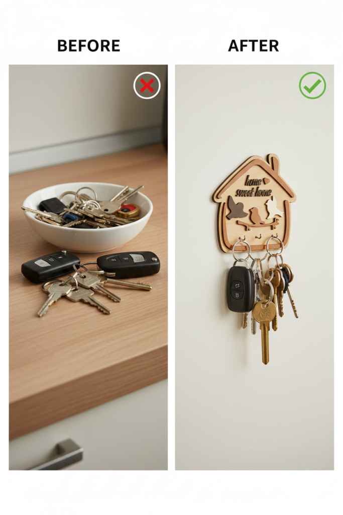 Wooden “Home Sweet Home” Bird Wall Key Holder