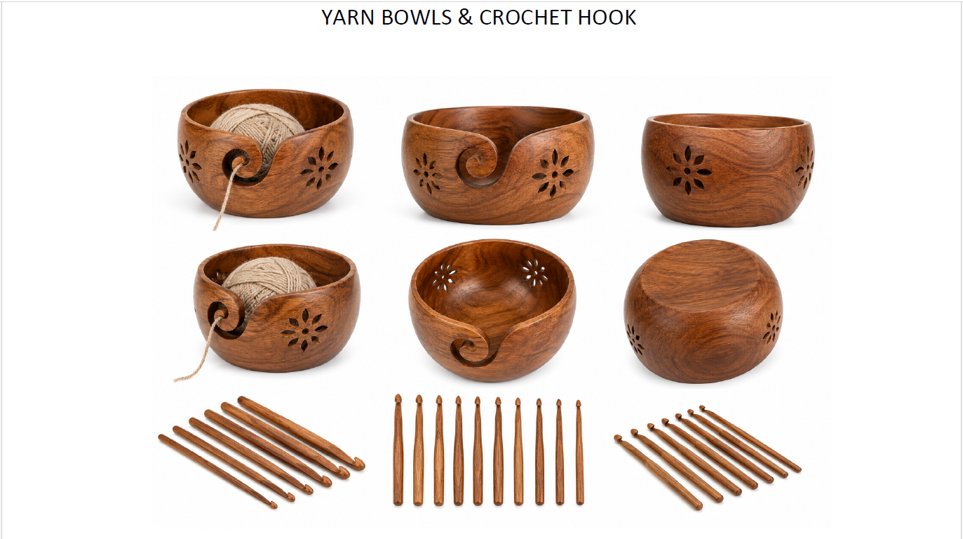 Wooden Yarn Bowl with Crochet Hook Set