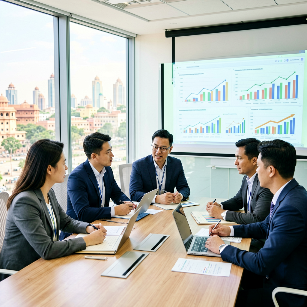 Business professionals discussing B2B trade regulations in a meeting room.