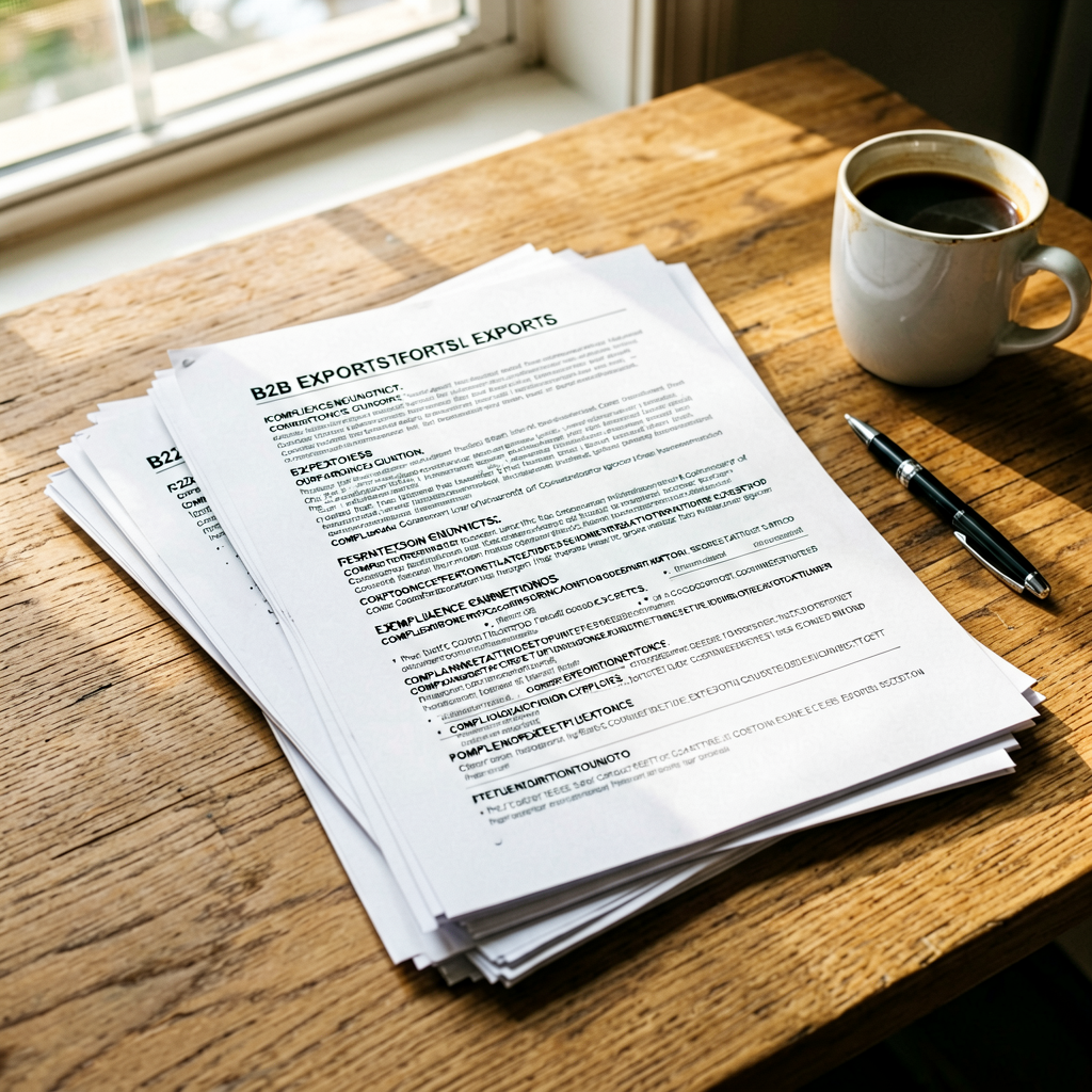 Close-up of export documents and compliance guidelines on a desk.