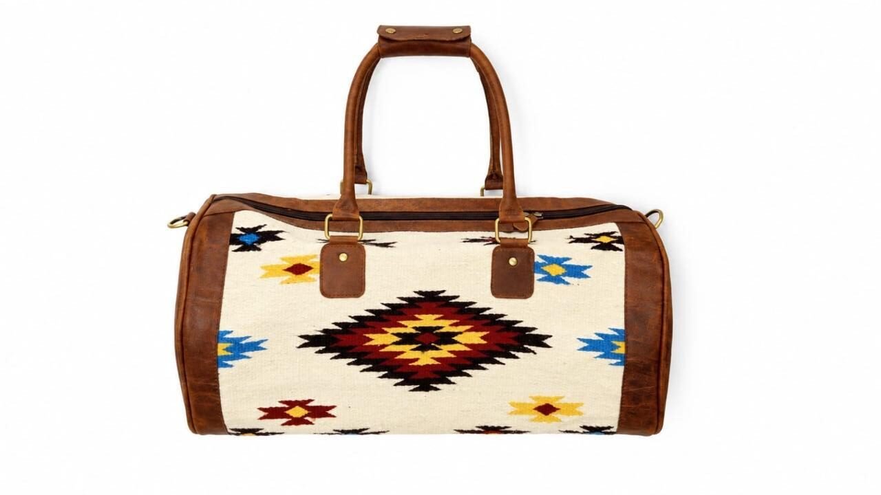 Handwoven Kilim Wool Duffel Bag with Genuine Leather Trim